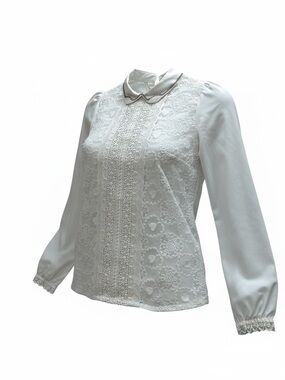 M&TOO white Ivory Lace-Front Long Sleeve Blouse with Peter Pan Collar - Small
